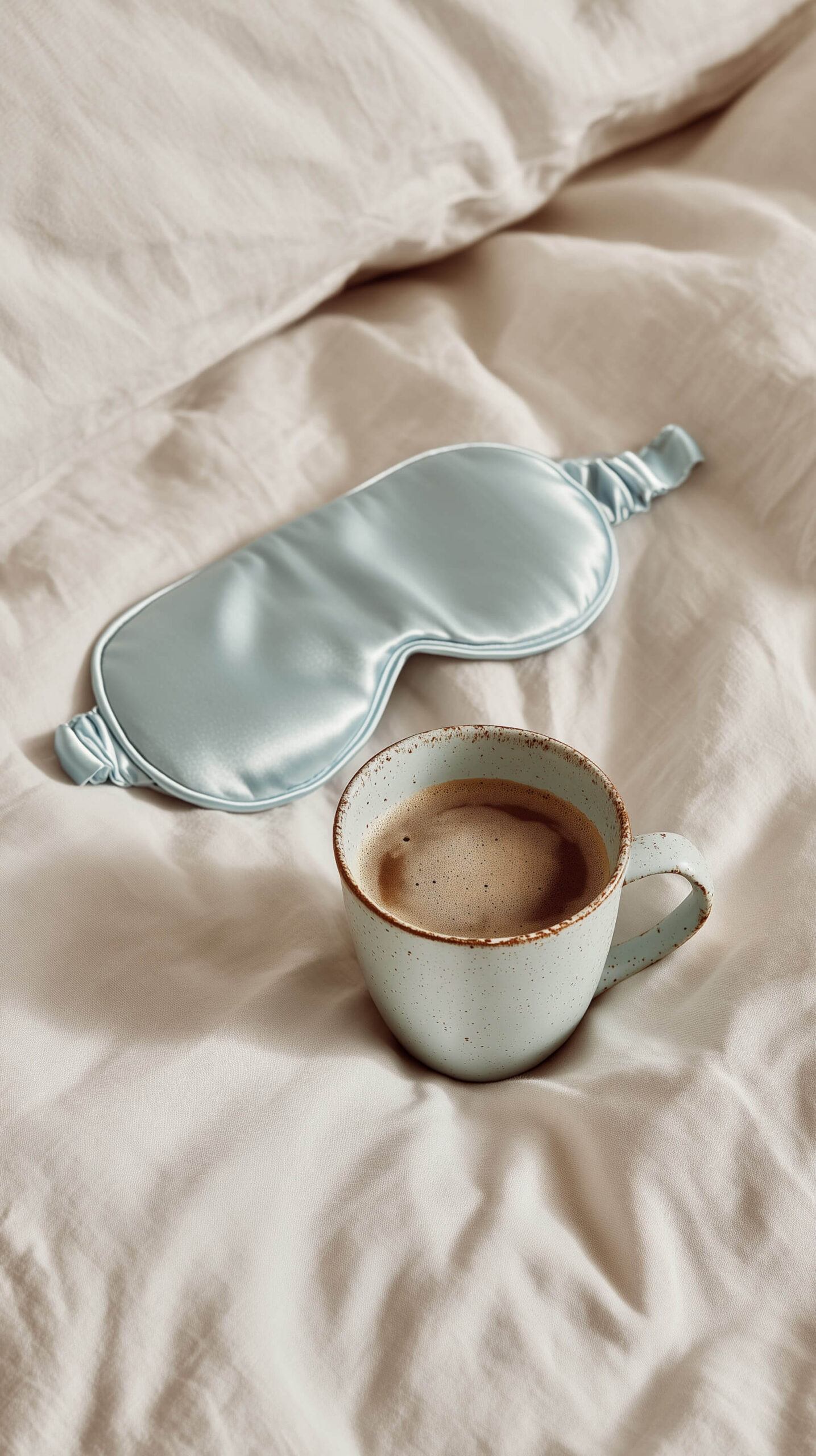 Silk sleep mask and a cup of coffee on a bed